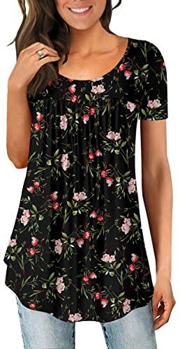 Magritta Ladies Summer Tunic Tops Women Plus Size T Shirt Blouses Floral Printed Short Sleeve Crew Neck Tunics Shirt Tops for Leggings Green Leaves XX-Large, 22-24
