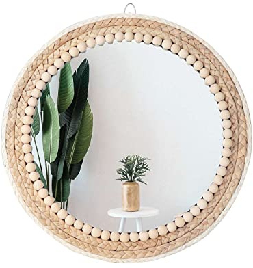 Poeme Boho Wall Mounted Round Mirror - 15 Inch Circle Rattan Decorative Hanging Mirror for Bedroom, Living Room & Bathroom