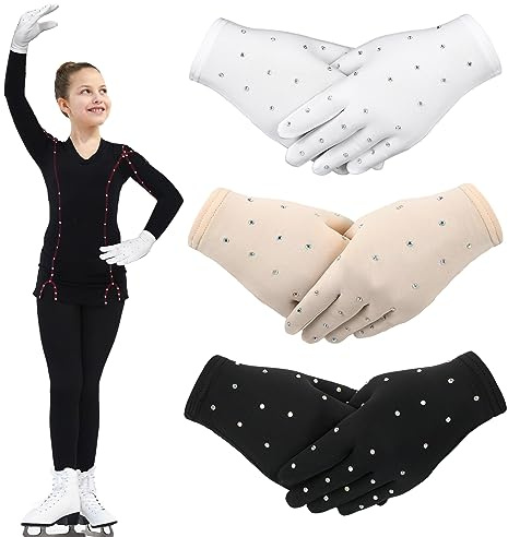 Liliful 3 Pairs Thermal Figure Skating Gloves for Women Girls Skate Gloves Ice Skating Gloves with Rhinestone Decoration for Practice Competition Test Performance Dance Show Medium Size 3