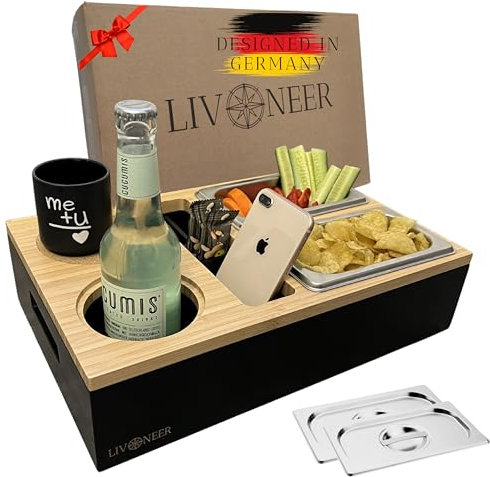 Livoneer Couchbar Robuste Premium Snackbox I Einteilbares Tablett inkl. abnehmbarer Deckel, 2XL Snackschalen, Getränkehalter mit Untersetzer & Handyhalterung Couch für gemütliche Abende, Geschenkbox