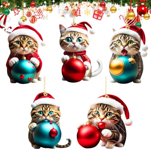 Pack of 5 Christmas Tree Cat Pendants Cute Acrylic Cat Pendant Christmas Decoration Cute Christmas Tree Decoration Christmas Decoration Gift Funny Christmas Cats Ornament (B)