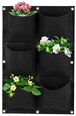 Wisebom Bolsas de Cultivo de Plantas Colgar, 6Bolsillos Bolsas de Plantación de Pared Jardinería Vertical Fieltro, Bolsa Maceta Colgantes para Jardín Flores Fresas Decoración (Negro)