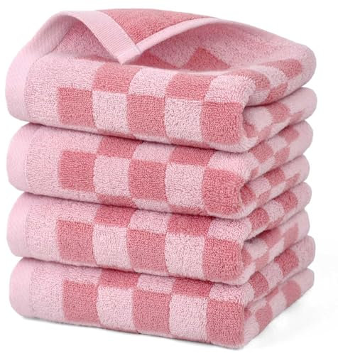 Jacquotha Weiche Baumwoll-Handtücher in rosa kariert, leicht, saugfähig, zum Händetrocknen und Gesichtswaschen, Geschenke für Frauen und Mädchen, 73 x 33 cm, 4 Stück
