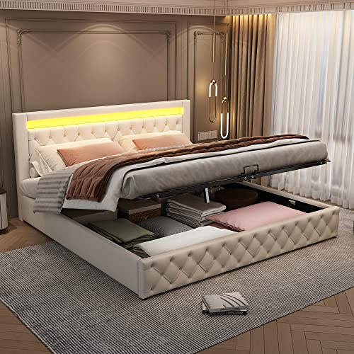 Rtopsu Letto Imbottito Letto Matrimoniale 180x200 cm con Testata a LED, Letti con Contenitore, Struttura Letti con Struttura Metallica Idraulica e Doghe in Legno, PU, Bianco, Senza Materasso
