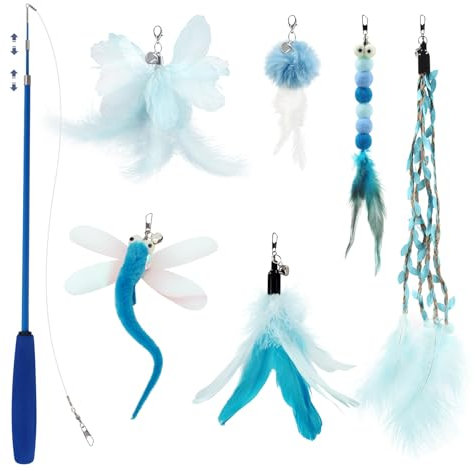 SONGWAY Interaktives Katzenspielzeug mit Federn - Katzenangel Stabil mit Federn, Katzen Zauberstab Spielzeug Set mit 6 Stück Variiert Ersatzfedern Anhänger mit Glocken, Blau
