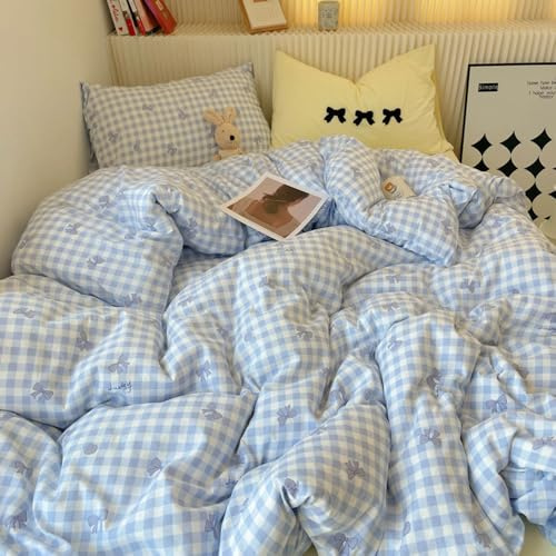 Nyescasa Housse de Couette 220x240 Bleu à Carreaux Vichy Motif Nœud Papillon Moderne Parure de lit Adulte 2 Personnes en Microfibre Housse Couette avec Fermeture Éclair et 2 Taies d'oreiller 65x65 cm