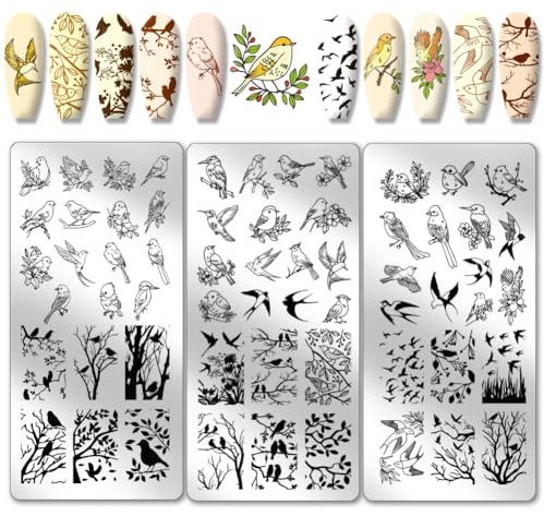 PH PandaHall 3pcs Bird Nail Stamping Plates, Swallow Animal Nail Art Templates Tree Flower Nail Art Stencils Stainless Steel Nail Image Plates for Women Spring Nail Design Print Manicure Salon