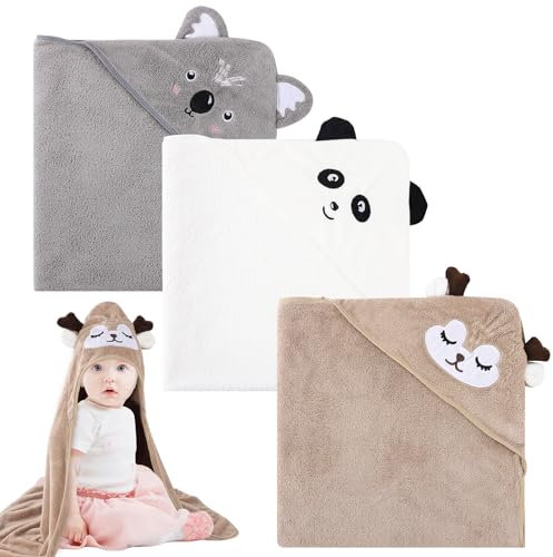 Kaisibum 3 Stück Kapuzenhandtuch Baby, 80 x 80 cm Baby Handtücher Weiche Babyhandtuch Korallenvlies Babyhandtuch mit Kapuze für Kleinkinder Neugeborene (Weiß, Grau, Kaffee)