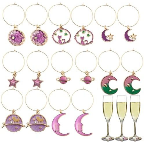 16 piezas de marcadores de dijes para copas de vino, marcadores de vidrio decorativos coloridos, dijes para copas de vino, decoraciones de fiesta, degustación de vinos, planeta luna estrella