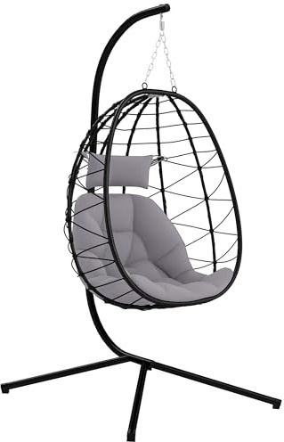 Outsunny Silla Colgante Huevo con Soporte Columpio Jardín Exterior con Cesta Plegable Cojín y Reposacabezas Columpio Colgante para Interior y Exterior Carga 120 kg Gris