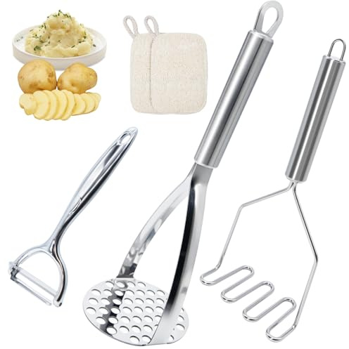 Kartoffelstampfer, 2 Stück Kartoffelstampfer Edelstahl Mit Reinigungsschwamm, Stampfer Küche, Potato Masher, Spülmaschinengeeignet