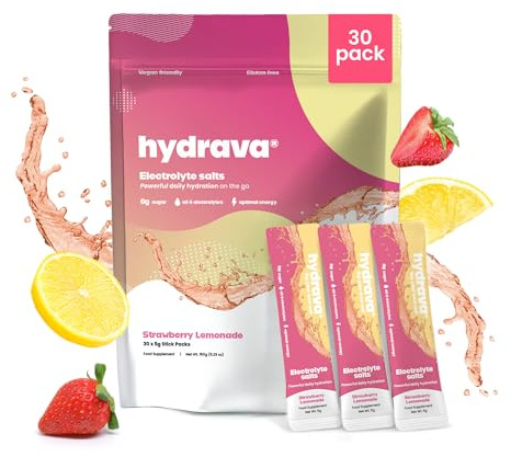 Hydrava Electrolyte Sachets | 30 Pack | Sugar Free Electrolytes with Sodium, Magnesium, Vitamin C & More | Rehydration Powder with All Natural Flavours and Zero Sugar | Strawberry Lemonade
