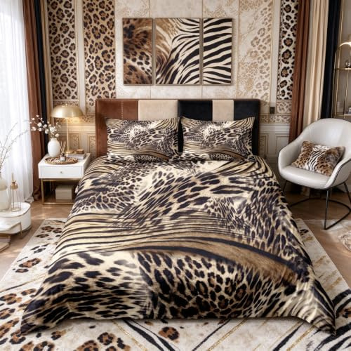 richhome Leopard Duvet Cover Set Animal Print Cheetah Bedding Set King Size Children Men Women Luxury Comforter Cover Set Gold Decoration