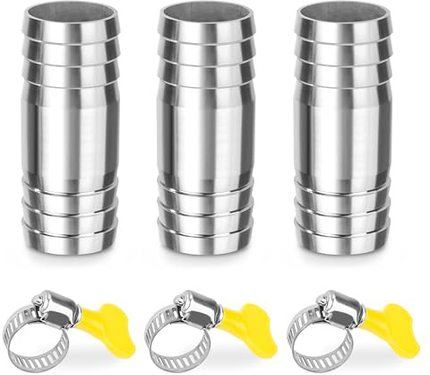 Raccord de Tuyau Cannelés, 3Pcs 28mm*65mm Connecteur Droit Barbelé en I en Forme, Adaptateur Raccords à Embout à 2 Voies en Acier Inoxydable, avec 3 Colliers