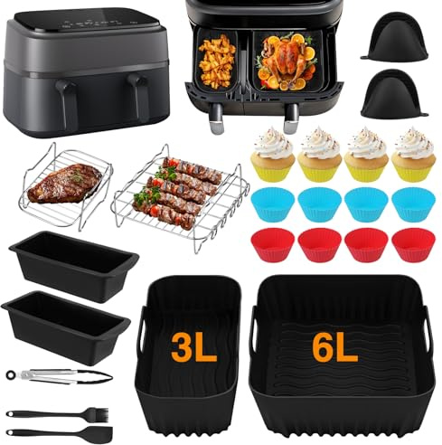 28 Stück Airfryer Zubehör,Heißluftfritteuse Zubehör Set für Philips Dual Basket Airfryer 3000/5000 Serie (6L/3L),Dual Easy 5,2L/3,1L,Heißluftfritteusen Silikonformen, Grillrost, Backform, Küchen