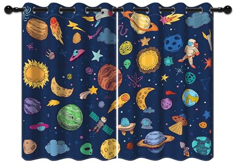 YONGFOTO 107x160cm Dibujos Animados Patrón Cortinas Opacas Astronauta Cohete Estrellas Galaxia Cósmica Planetas Sistema Solar por Sala Dormitorio Infantil Cortinas de Ventana, 2 Paneles con Ojal