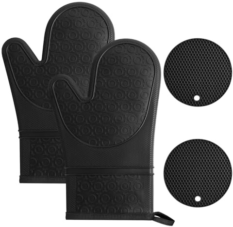 AUAUY 1 par ugnsvantar, silikon ugnsvantar värmebeständiga 240 ° C, halkfri silikon grillhandske, vattentäta matlagningshandskar med 2 grytlappar, ugnshandske för grill kök bakning mikrovågsugn, svart