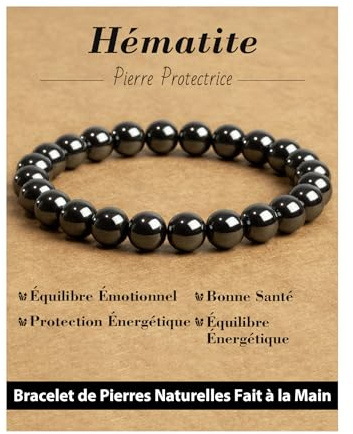 Landorilo Bracelet en Pierre Naturelle de 8 mm Fait à la Main pour Homme et Femme, Bracelets de Yoga Élastique Hautement Poli, Cadeaux de Bijoux Créatifs(Hématite)