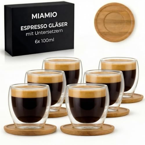 MIAMIO - Set di 6 tazzine da caffè espresso/bicchieri da espresso a doppia parete/senza manico/con piattino/vetro/pareti spesse/in vetro borosilicato (100 ml)