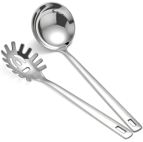 Berglander Kitchen Ladle Spoon and Spaghetti Spoon Set 2 pieces, Pasta Spoon Stainless Steel Kitchen Utensils for Cooking, Stirring, Serving Spaghetti, Soup, Sauce, Dishwasher Safe