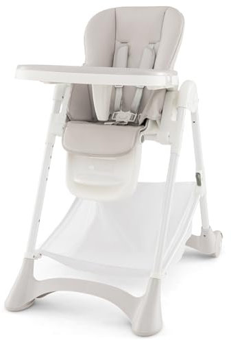 COSTWAY High Chair for Babies and Toddlers, Folding Infants Highchair with Storage Basket, Removable Double Trays, 5 Point Harness, Adjustable Height, Backrest & Footrest (Beige)