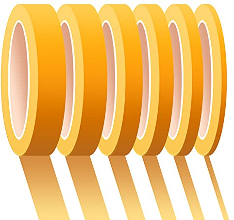 PETDCHEB 6 Rolls Fine Line Tape 1/16, 1/8, 1/5, 2/5, 1/2, 3/4 Inch x 55 Yard Fineline Masking Tape Painter Adhesive Automotive for DIY Car Auto Paint (Yellow, Mixed Sizes)