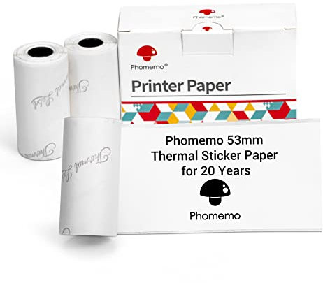 Phomemo 53mm Thermopapier für T02/M02/M02S/M02Pro/M02X/M02L/Q02/M03/M03AS/M04S/M04AS/M832/M833/M834 Mini-Taschendrucker, 3 Rollen Selbstklebendes Aufkleberpapier, 53 mm x 3,5 m, 20 Jahre Haltbarkeit