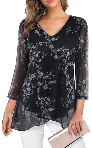 Adigaber Camisas para Mujer Manga 3/4 y Cuello en V Blusa | Suelto，Dobladillo asimétrico，Doble capa，Gasa，Fluido，Ligero，Unicolor，Informal，Blusa de oficina，Estampado