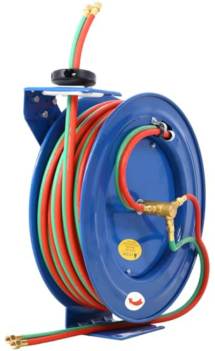 Retractable Welding Hose Reel - 1/4 x 100' Twin Oxygen Acetylene Hoses, 200PSI, Heavy-Duty Steel Construction, Industrial Grade, Weather-Resistant, for Workshops & Garages (1/4 100ft)