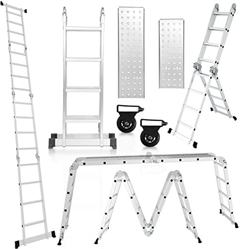 Peviasot Mehrzweckleiter 4.7M, Multifunktionsleiter 4x4 Stufen, 7in1 Alu Vielzweckleiter Klappleiter mit 2 Plattform und Räder, Trittleiter bis 150 kg, Multifunktionsleiter 16 Stufen, Silber