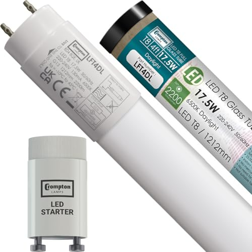 Crompton Lamps 4ft LED T8 Tube | 6500K Daylight | 17.5W = 36W Equivalent | Replacement Fluorescent Tubes for LED Batten Light | Ceiling Strip Lights | Garage Lighting | Includes LED Starter