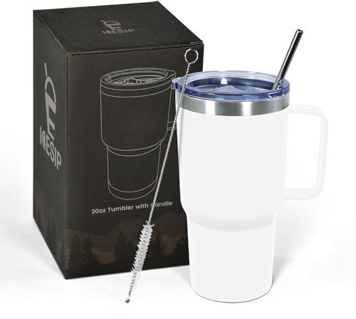 Icesip 20 oz Tumbler with Handle, insulated cup coffee mug with lid, straw and handle, Double Wall Stainless Steel Vacuum Coffee Tumbler travel mug spill proof, 1pcs White