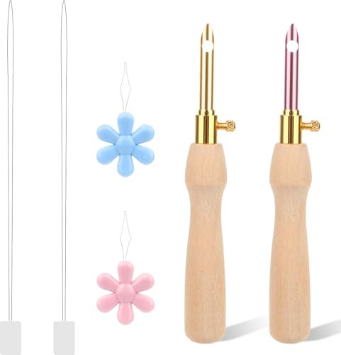 Prasacco 6 Stück Punch Needle Set, Stickerei Punch Nadel Werkzeug Set 2 Holzgriff Punch Needle mit 2 Langer Nadeleinfädler und 2 Blumen Nadeleinfädler Punch Nadel Werkzeug für DIY Nähen und Sticken