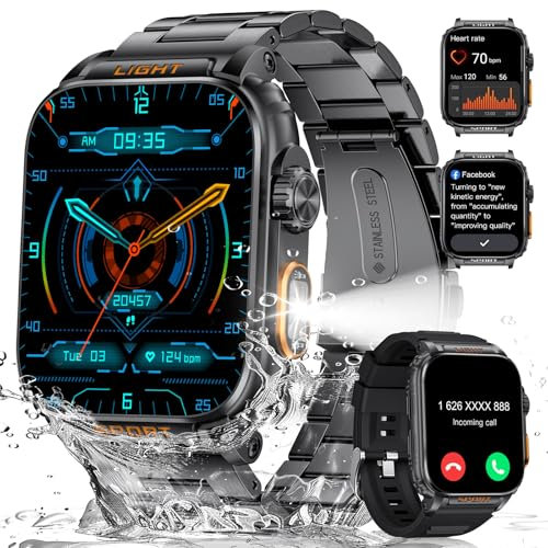 LIGE Smartwatch Herren mit Telefonfunktion Taschenlampe, 1,91 HD Militär Smart Watch 430mAh Akku Sportuhr, 110+ Sportmodi Herzfrequenz SpO2 Schlafmonitor IP68 Wasserdicht Fitnessuhr Android iOS