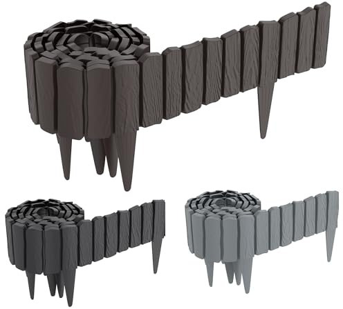 FIVMEN Bordo per prato, in plastica, 2,3 m, effetto legno, bordo per aiuole con perni da 10 cm, imitazione di venature del legno, per giardino, marrone
