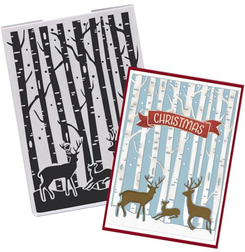 Threetols 3-D Textured Christmas Embossing Folder, Elk Background Embossing Folder for Card Making, Forest Frame DIY Plastic Scrapbooking Photo Album Card Paper DIY Craft Decor Template Mold