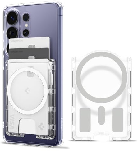 Spigen Ultra Hybrid MagFit+ plånbok för 3 kort till Samsung Galaxy-serien | MagSafe-korthållare med extra MagSafe-fäste för magnetskal till Samsung Galaxy S26/S25/S24 - Kristallklar