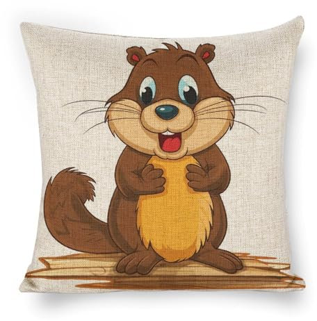 HJUQNGF Throw Pillow Covers 18 X 18 Inches Square Cartoon Animated Beaver Cushion Case for Bedroom Sofa Soft Linen Decorative Pillow Case for Couch Bed Chair No Pillow Insert