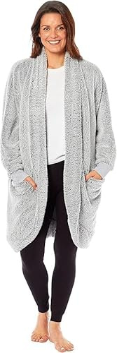 BLOOM BLENDS Cardigan da donna in morbido pile, vestaglia lunga in caldo peluche con tasche, accappatoio leggero e accogliente per comfort e abbigliamento da casa, Grigio brillante, Taglia unica
