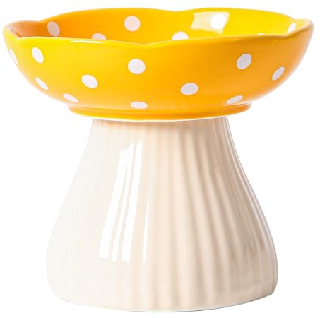TIGOADT Gamelle Surélevée en Céramique pour Chat, Bol Champignon adapté au Chat, Large et Peu Profonde à Gamelle avec Support, Anti-Vomissement Idéal pour Chatons et Chats Âgés (Jaune)