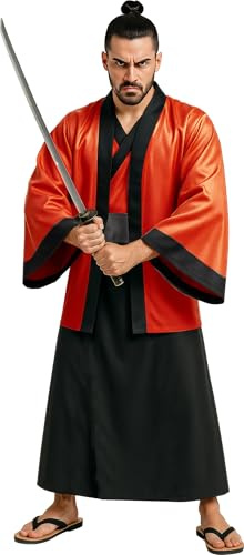 FIESTAS GUIRCA | Costume da Samurai Giapponese per Uomo (48-50/M) - Kimono, Abito e Cintura - Costumi da Guerriero Orientale per Halloween, Carnevale e Feste a Tema - Adulto - Rosso e Nero