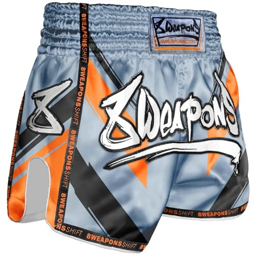 8 WEAPONS Muay Thai Shorts Shift, Eisgrau-Orange, Größe S, Kickboxhose für Training & Wettkampf, Thaibox Shorts Satin, Atmungsaktiv, Langlebig, Kampfsporthose für MMA, K1, Boxen, Thai Boxen