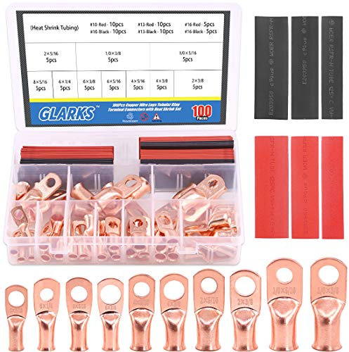 Glarks 100Pcs Copper Wire Lugs with Heat Shrink Set, 50Pcs UL Listed Battery Cable Closed Ends Bare Copper Eyelets Tubular Ring Terminal Connectors with 50Pcs Heat Shrink Tubing Black, Red