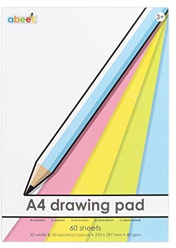 abeec A4 Paper Drawing Pad - 80 Sheet Sketchbook - 40 Plain White Sheets and 40 Coloured Sheets - 60 GSM Paper – Arts and Craft Scrap Book Essential for Kids