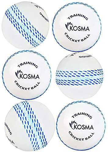 Kosma - Juego de 6 pelotas de cricket de bola de viento | Bolas de entrenamiento suaves | Deportes y aire libre (blanco con costuras azules)