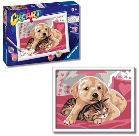 Ravensburger - CreArt Serie E, Perritos sobre la Manta, Pintura por Numeros, Kit de Pintura para Niños, Juego Educativo para Niños de 9+ Años, 22x16 cm