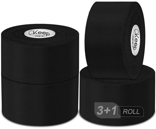 CKeep Athletic Tape, 4 Pack Black Sports Tape, Very Sturdy No Glue Residue, Wrist Ankle Tape for Muscle, Climbing, Boxing, Athletes, Baseball Bats, Strains, Sprains, Injuries（1.5 Inches）