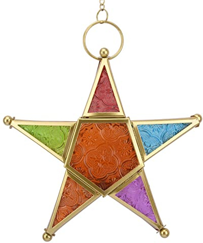 Kisbeibi Lamp Holder, Moroccan Style Star Shaped Lanterns Holder, Hanging Glass Light Holder Home Decoration Tealight Holder Iron Art Colored Glass Wind Lamp Holder(Multicolored)