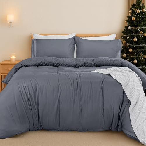 Utopia Bedding Double Duvet Cover Set - Duvet Cover Double with Embroidered Pillowcases - Soft Microfibre Polyester Bedding (Grey)