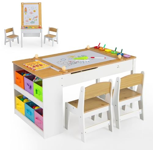 LIFEZEAL 3-i-1 barnstolsgrupp, barnbord med 2 stolar, pysselbord, studiebord, barnmöbler, barnrummet, inomhus, pappersrulle, förvaringsutrymme, från 3 år